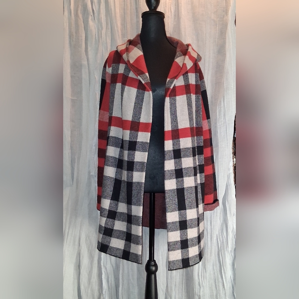 Plaid Hooded Cape Coat in Red, Black & Cream